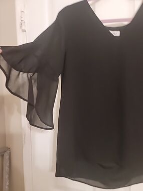 Black Flutter Sleeve Chiffon  Witchy Whimsical Blouse Shirt Top Size L